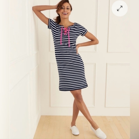 T by Talbots Terry Dress Black White Stripe Pink Lace Up Front Women's Size XS - Picture 2 of 7